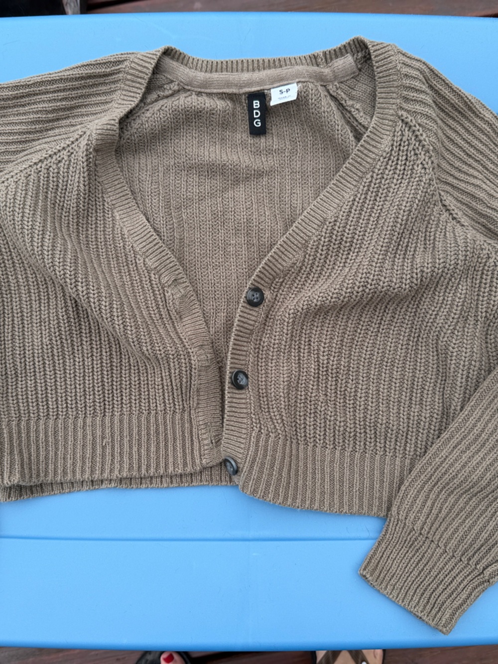BDG Cropped Rib-Knit Button Cardigan in Taupe